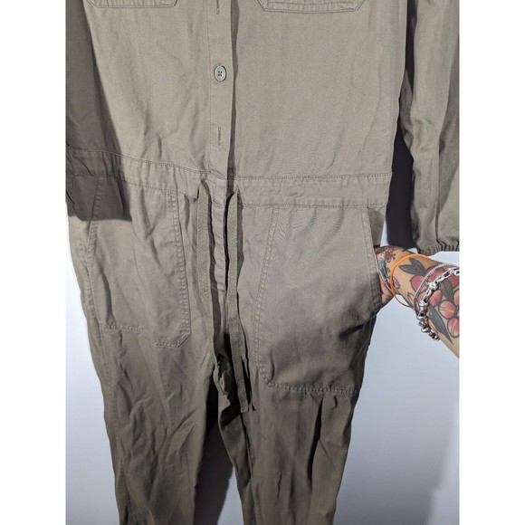 EUC Aerie Olive Utility Long Sleeve Button Front Jumpsuit Tie Waist Size S - Picture 6 of 10